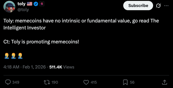 Toly's tweet: Memecoins have no intrinsic or fundamental value, go read The Intelligent Investor. CT: Toly is promoting memecoins!